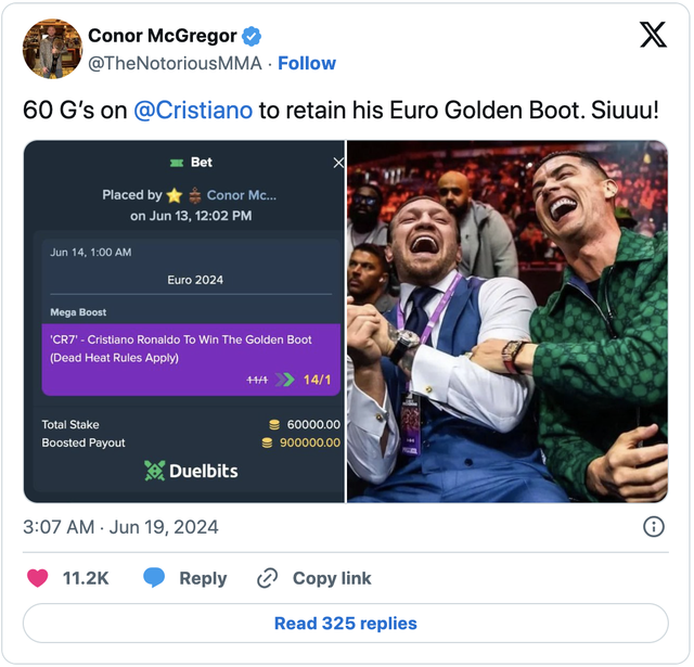 Gã Điên Conor McGregor Đặt Cược Lớn Cho Cristiano Ronaldo 1 Conor McGregor tin tưởng Ronaldo sẽ giành Chiếc giày vàng Euro
